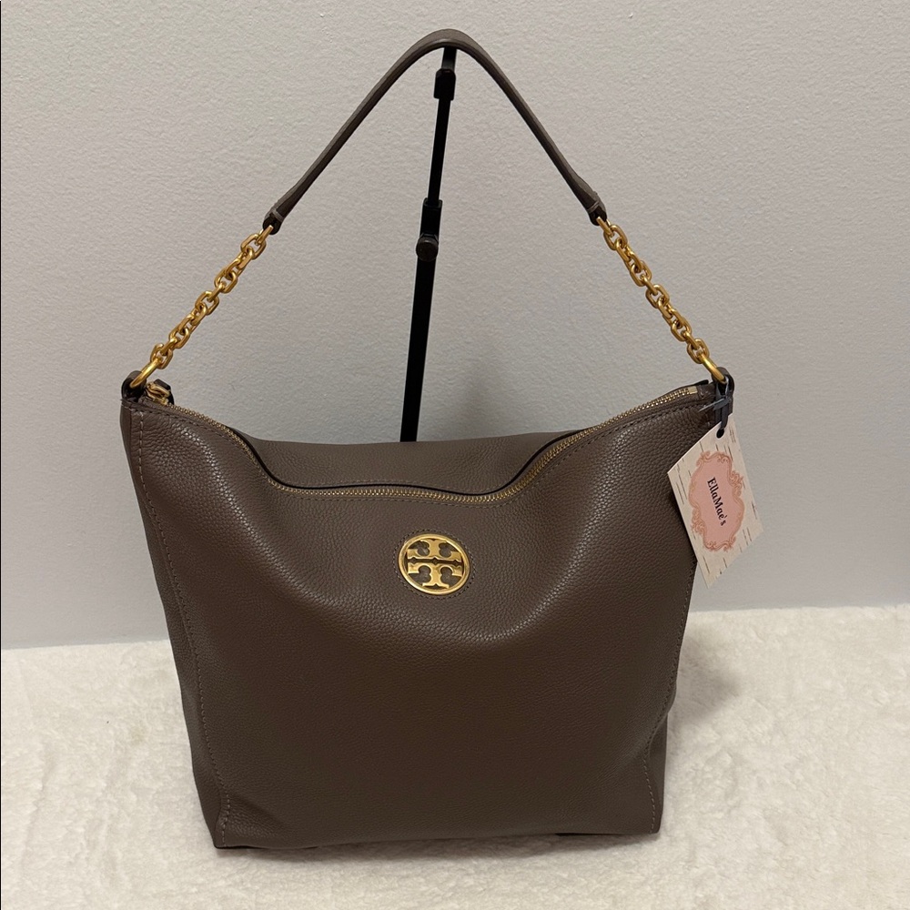 Tory Burch Carson Top Handle Hobo Soft Pebbled Leather Bag Gray Taupe NWOT’s